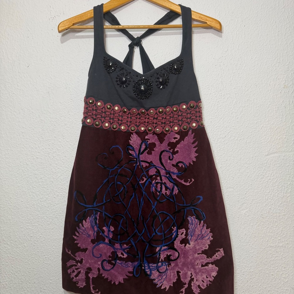 Free People Beaded Studded Velvet Mini Dress Burgundy Whimsigoth Festival Boho 6